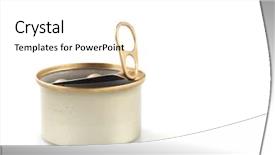  Presentation with lid - Audience pleasing presentation consisting of meat waste - empty tin with open lid backdrop and a  colored foreground