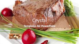  Presentation with eggplant - Theme featuring meat with spices and eggplant on white plate background and a red colored foreground