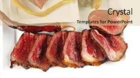  Presentation with cucumbers - Presentation theme featuring meat with tomato and cucumbers on white plates background and a coral colored foreground