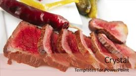  Presentation with cucumbers - Audience pleasing theme consisting of meat with tomato and cucumbers on white plates backdrop and a red colored foreground