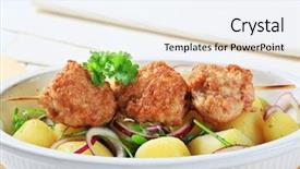  Presentation with meatball - Cool new PPT layouts with stick ground beef - meatball skewer and potatoes backdrop and a sky blue colored foreground