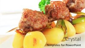  Presentation with meatball - PPT theme having meatball skewer and potatoes background and a yellow colored foreground