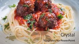  Presentation with classic homemade tomato sauce - Colorful PPT theme enhanced with meatballs served over italian spaghetti backdrop and a coral colored foreground