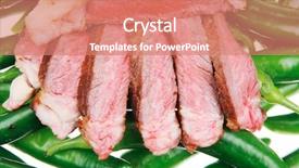  Presentation with meat food - Presentation theme with meaty food grilled red meat steak sliced on a green hot chili peppers on a white back background background and a coral colored foreground