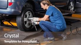  Presentation with female mechanic - Beautiful theme featuring mecanique - female mechanic fixing car tire backdrop and a violet colored foreground
