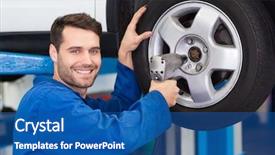  Presentation with mechanic repair - Presentation with mechanic adjusting the tire wheel at the repair garage background and a ocean colored foreground