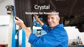  Presentation with mechanic repair - Audience pleasing slides consisting of mechanic adjusting the tire wheel backdrop and a  colored foreground