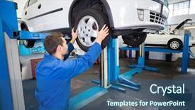  Presentation with mechanic repair - Amazing presentation design having mechanic-adjusting-the-tire-wheel backdrop and a ocean colored foreground