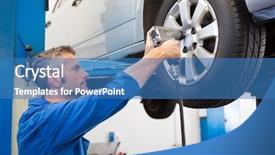  Presentation with mechanic repair - Beautiful presentation design featuring hubcap - mechanic adjusting the tire wheel backdrop and a teal colored foreground