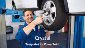  Presentation with mechanic repair - PPT theme consisting of mechanic adjusting the tire wheel at the repair garage background and a ocean colored foreground