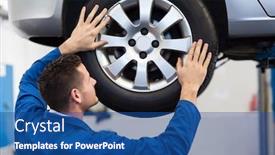  Presentation with mechanic repair - Slides with mechanic adjusting the tire wheel at the repair garage background and a ocean colored foreground