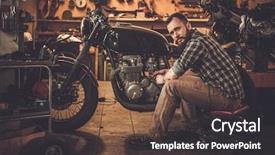  Presentation with vintage motorcycle - Beautiful presentation theme featuring mechanic building vintage style cafe backdrop and a tawny brown colored foreground
