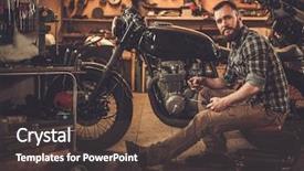  Presentation with vintage motorcycle - Colorful presentation theme enhanced with mechanic building vintage style cafe backdrop and a  colored foreground