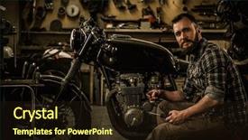  Presentation with vintage motorcycle - Colorful slide set enhanced with mechanic building vintage style cafe backdrop and a wine colored foreground