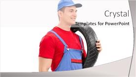  Presentation with tire - Beautiful PPT theme featuring mechanic carrying a tire and walking isolated on white background backdrop and a white colored foreground