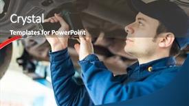  Presentation with mechanic shop - Amazing presentation design having mechanic changing car wheel backdrop and a dark gray colored foreground
