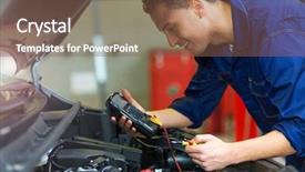  Presentation with battery - Slide set having mechanic checking car battery voltage background and a tawny brown colored foreground