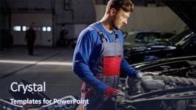  Presentation with electronics workshop - PPT layouts featuring mechanic checking under hood background and a navy blue colored foreground
