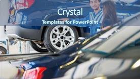  Presentation with female mechanic - Presentation theme with standing by car in garage background and a ocean colored foreground