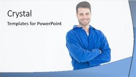  Presentation with mechanic - Theme consisting of mechanic engineering - portrait of smiling young male background and a sky blue colored foreground