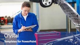  Presentation with mechanic repair - Presentation design having mechanic examining under hood of car at the repair garage background and a ocean colored foreground