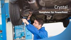  Presentation with mechanic repair - Presentation theme enhanced with mechanic examining under the car at the repair garage background and a dark gray colored foreground