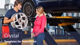  Presentation with alloy - Theme consisting of mechanic explaining alloy to customer background and a ocean colored foreground