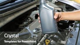  Presentation with motor engine - PPT theme enhanced with mechanic hand holding motor oil background and a dark gray colored foreground