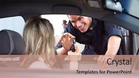  Presentation with mechanic repair - PPT layouts enhanced with mechanic handing woman automobile keys background and a coral colored foreground
