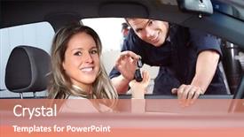 Presentation with auto repair - PPT theme having mechanic handing woman automobile keys background and a coral colored foreground
