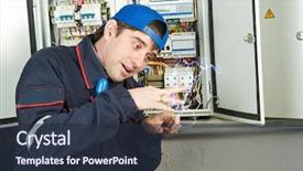  Presentation with high voltage - Colorful slide deck enhanced with mechanic hazard - repairman worker electrician in uniform backdrop and a tawny brown colored foreground