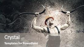  Presentation with strong - Colorful PPT theme enhanced with mechanic hazard - strong man in uniform tearing backdrop and a gray colored foreground