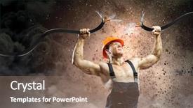  Presentation with strong - Colorful PPT layouts enhanced with mechanic hazard - strong man in uniform tearing backdrop and a coral colored foreground