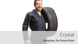 Presentation with tire - PPT layouts consisting of mechanic-holding-a-car-tire background and a light gray colored foreground
