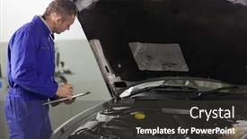  Presentation with garage car - PPT layouts consisting of mechanic holding a clipboard while looking at a car engine in a garage background and a dark gray colored foreground