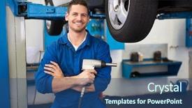  Presentation with mechanic repair - Presentation theme having mechanic holding a drill tool at the repair garage background and a ocean colored foreground
