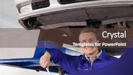  Presentation with garage car - Theme with mechanic holding a spanner below a car in a garage background and a tawny brown colored foreground