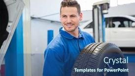  Presentation with mechanic repair - Audience pleasing presentation theme consisting of mechanic holding a tire wheel at the repair garage backdrop and a ocean colored foreground