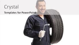  Presentation with tire - Cool new PPT theme with mechanic-holding-a-tire backdrop and a light gray colored foreground