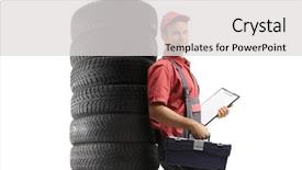 Presentation with tires - Presentation theme enhanced with mechanic holding a toolbox background and a light gray colored foreground