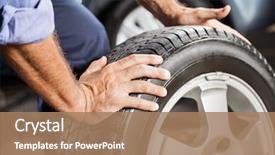  Presentation with garage car - PPT theme with mechanic holding car tire background and a coral colored foreground