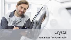  Presentation with automobile - Presentation theme having mechanic holding clipboard while lean background and a  colored foreground