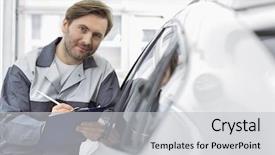  Presentation with automobile engineering - Colorful slide deck enhanced with mechanic holding clipboard while lean backdrop and a light gray colored foreground