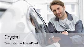  Presentation with automobile - Presentation featuring mechanic holding clipboard while lean background and a light gray colored foreground