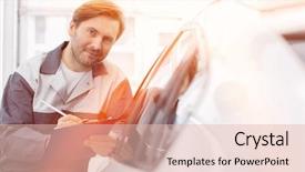  Presentation with automobile - PPT theme with mechanic holding clipboard while lean background and a lemonade colored foreground