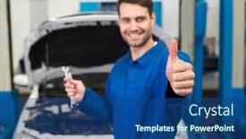  Presentation with mechanic repair - PPT theme enhanced with mechanic holding pair of wrenches at the repair garage background and a ocean colored foreground