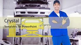  Presentation with mechanic shop - Audience pleasing PPT theme consisting of mechanic holding wheel wrenches against auto repair shop backdrop and a yellow colored foreground