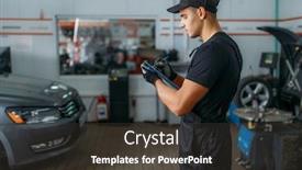  Presentation with inspection - Presentation design with mechanic-holds-inspection-report-tire background and a tawny brown colored foreground