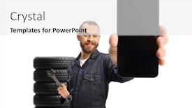  Presentation with mechanic - Presentation enhanced with mechanic-in-a-uniform-holding background and a  colored foreground