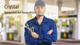  Presentation with petrol station - Presentation design enhanced with mechanic in uniform with cross background and a lemonade colored foreground